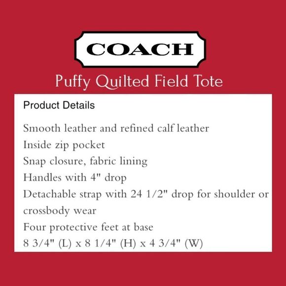 RETAIL Coach Puffy Quilted Field Tote 22 - Picture 7 of 13